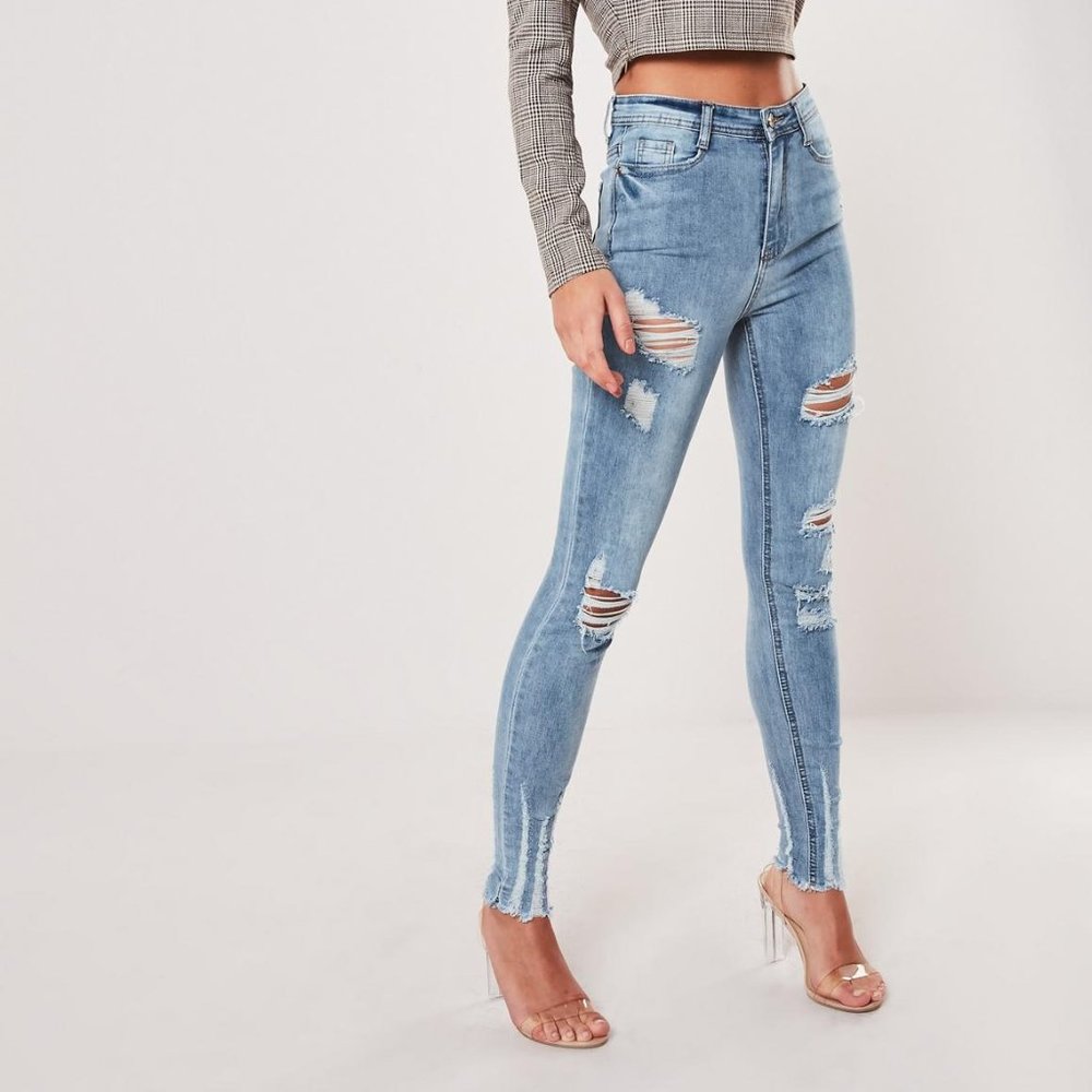 Missguided Blue High Waisted Ripped Skinny Jeans